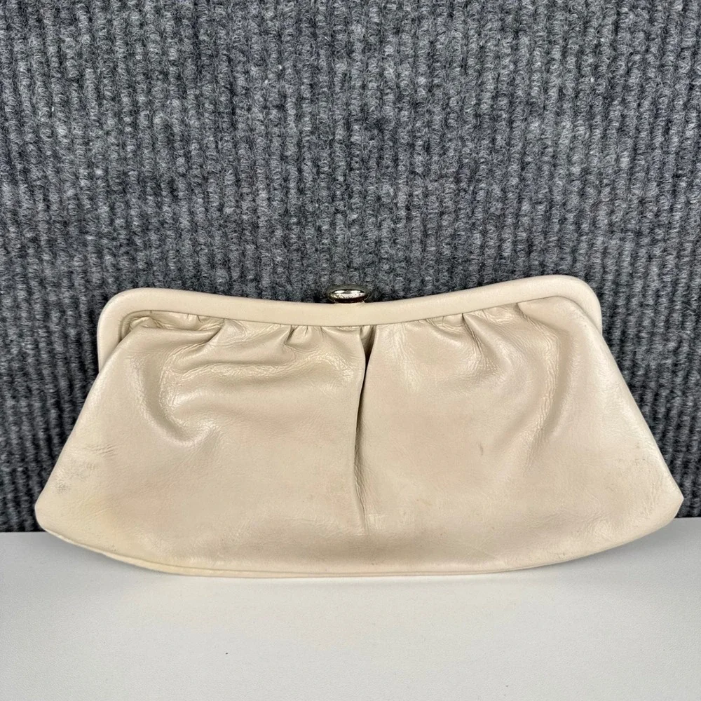 Vintage Cream Slouchy Frame Clutch Bag Evening‎ Pouch Off-White Silver B72Q